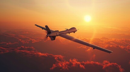 Unmanned military drone on patrol air territory at high altitude at sunset.