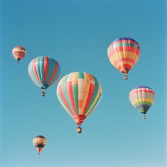 Obraz premium Colorful hot air balloons floating against a clear blue sky, a dreamy summer spectacle.