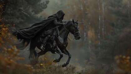 Fototapeta premium Realistic photo of a man riding a horse in dense forest, wearing a long black hood, galloping at speed