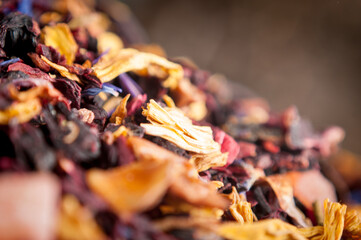 close up bulk berries tea stacked in piles
