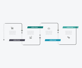 Four square elements placed in horizontal row and connected by arrows. Diagram representing 4 stages of business process. Simple infographic design template. Vector illustration for presentation.