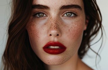 Close up of brown haired model wearing red lipstick, posing for a skincare brand with soft lighting
