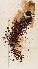 Freshly Roasted Coffee Beans and Steaming Hot Espresso Drink on a Cozy Wooden Table