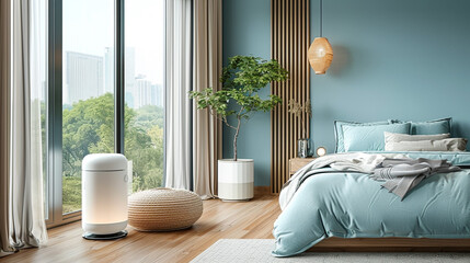 A contemporary bedroom with a white Round Roller Max Side Table beside a low-profile bed, against a soft blue accent wall and wooden floors.