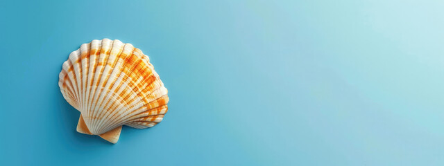 Obraz premium Top view of beautiful summer holiday background with shell on a light blue background. Summer concept banner design with copy space