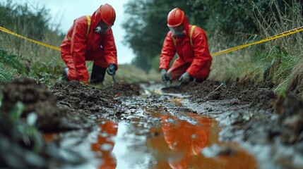 Looking for clues and chemical toxic substance from ground in crime spot