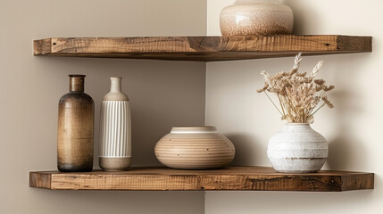 A dark walnut corner shelf unit against a soft beige wall, displaying an assortment of decorative objects.