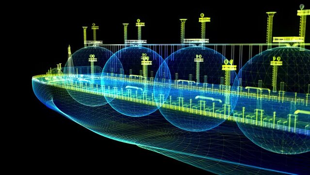 Gas carrier LNG. Blue particle and lines form 3d model Gas tanker. Rotation animation in 3d virtual space.