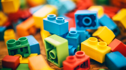 Fototapeta premium Close-up of a childs building blocks scattered in disarray, a half-completed structure implying creative exploration