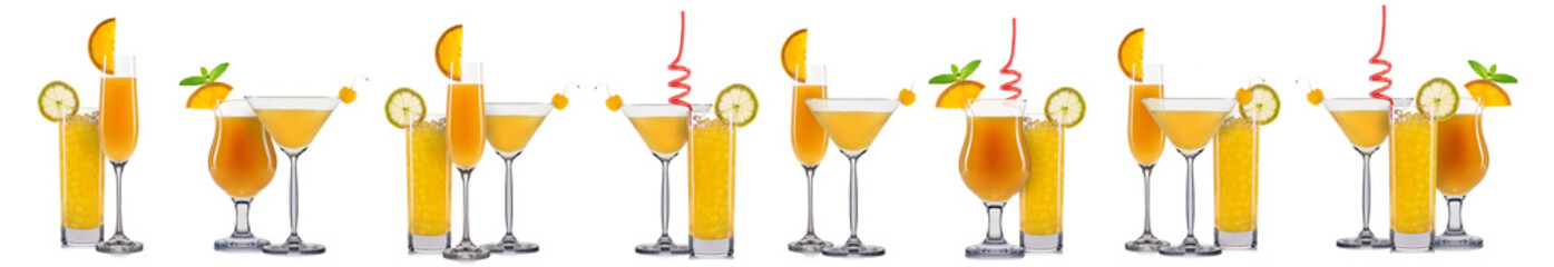 Set of orange cocktails with decoration from fruits isolated on white background