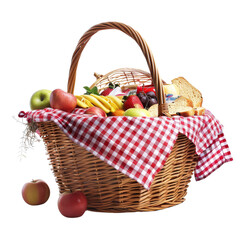 Summertime cheer in a picnic basket filled with goodies on a checkered cloth - a vibrant and inviting scene captured in high-resolution natural light.