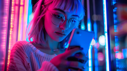 Social Media Influencer. Neon Reflections. A person holds a smartphone, illuminated by vibrant neon lights in a nighttime setting. Digital Presence. 