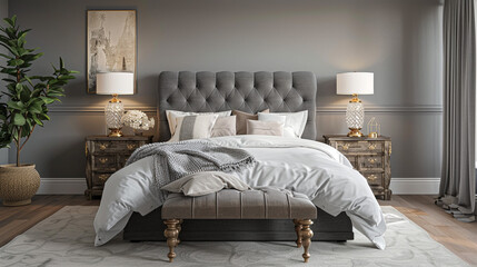 A luxurious transitional bedroom with a dark grey tufted headboard, white and gold bedding, a blend of modern and classic decor, and a light grey accent wall.