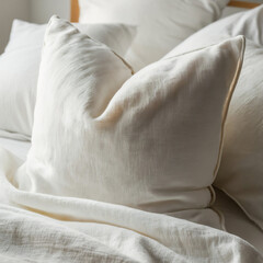 White linen pillow on a bed, closeup