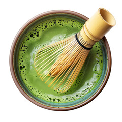 Discover the vibrant and energizing world of matcha green tea with this high-resolution macro shot showcasing a frothy top, traditional whisk, and bright natural light. png image