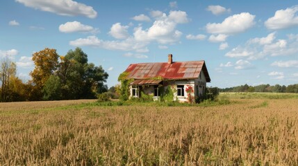 Fototapeta premium View of a rustic farmhouse in a field.