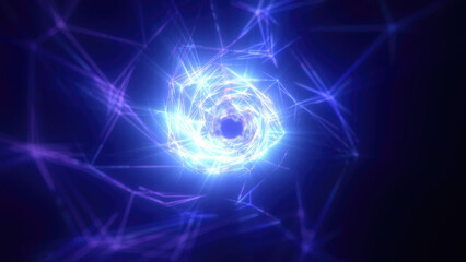 Abstract bright blue glowing background with a tunnel of lines and stripes of energy of burning rays of plasma and electricity with light