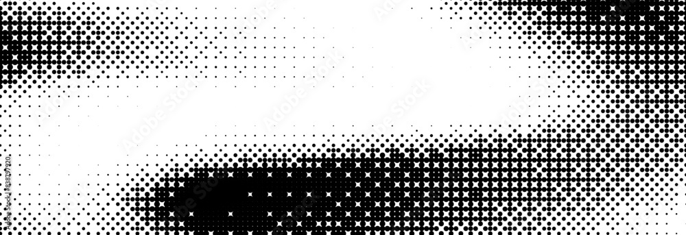 Aufkleber Bitmap grunge gradient texture. Black and white pixelated dither wave pattern. Abstract glitch 8-bit game wallpaper. Retro wide rasterized backdrop. Pixel art background. Vector illustration