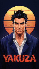 Portrait of a man in Yakuza, retro cartoon illustration for tshirt design 
