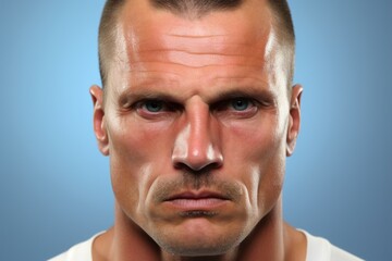 Obraz premium A man with a shaved head and a beard is staring at the camera