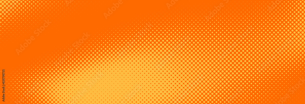 Poster orange halftone pattern. retro comic gradient background. bright pixelated dotted textured overlay. 