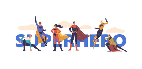 Diverse Superhero Characters In Dynamic Poses Captures The Essence Of Teamwork, Heroism And Strength, Vector Poster