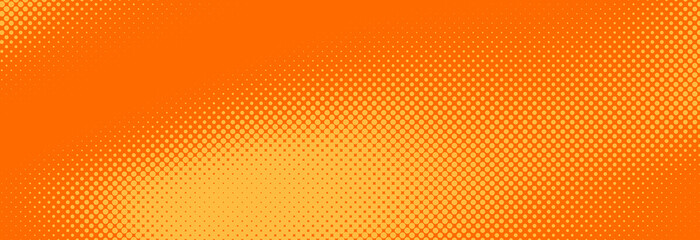 Orange halftone pattern. Retro comic gradient background. Bright pixelated dotted textured overlay. Cartoon pop art faded gradient pattern. Vector backdrop for poster, banner, advertisement