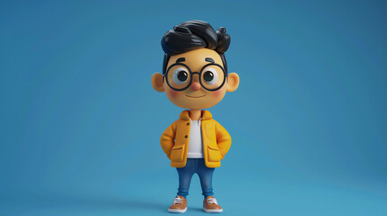 3D rendering of a cute cartoon boy with glasses, a yellow jacket, and blue jeans.