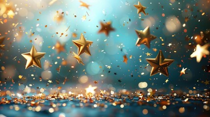 Shimmering golden stars fall against festive blue backdrop mesmerizing abstract background sparkle