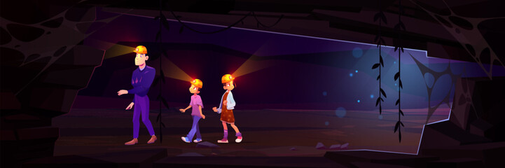 Two teen kids and father in helmets with headlamp exploring underground stone cave. Cartoon vector family adventure trip in cavern. parent with child boy and girl tourists research mine grotto. © klyaksun