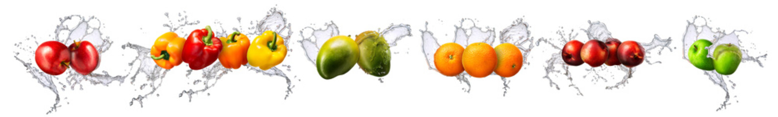 Group of fruits with water splash isolated on white background