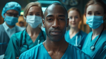 A team of surgeons in an operating room, focused on a surgical procedure The scene includes advanced medical equipment, with the surgeons in full surgical attire, emphasizing precision