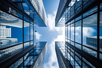 Obraz premium Modern glass skyscrapers. Urban city architecture. Skyline view from bottom to top