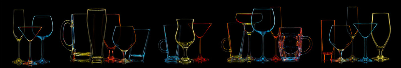 Silhouette of multicolor neon different glasses on black background