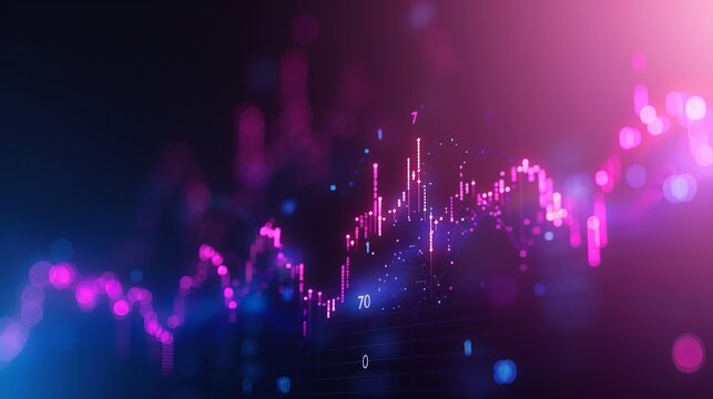 "Transformative financial graph showcasing an upward trend line within a candlestick chart, set against a vibrant neon backdrop in the stock market &ndash; captured in a stunning stock photo."