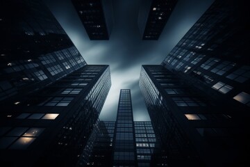 Spectacular view of glass skyscrapers from bottom to top with cool, refreshing tones