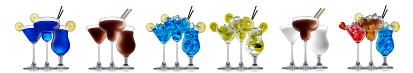Set of cocktails with decoration from fruits isolated on white background