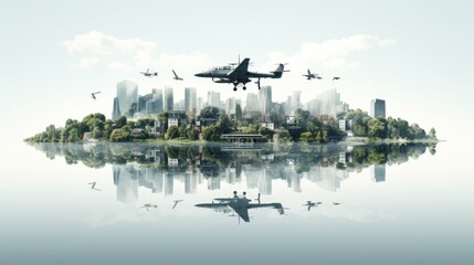 Double exposure of planet earth and military operations on white background with cold tones