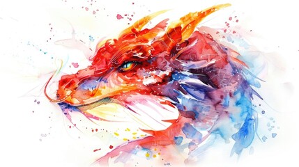 Watercolor fantasy colorful portrait of dragon on white background