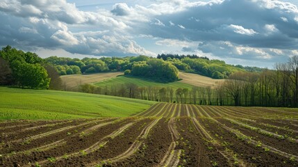 Lush green field framed by trees and rolling hills