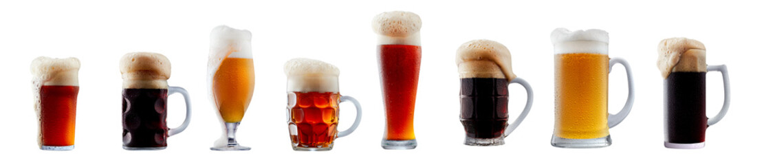 Set of beer cocktails with foam isolated on white background