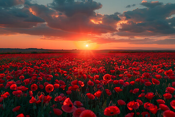 red tulip field at sunset