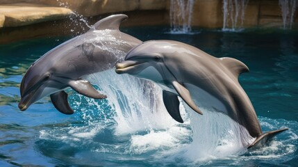 Obraz premium Dolphins create a common water channel.photograph of telephoto lens realistic daylight --ar 16:9 --stylize 50 --v 5.2 Job ID: 8b7202b2-cdac-4818-9459-218058ed17d0