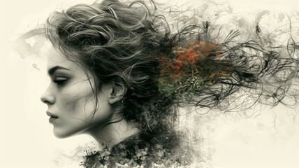 A woman with long hair is shown in a blurry, abstract style. The image is a representation of the idea of beauty and the concept of hair as a symbol of femininity. Scene is dreamy and ethereal