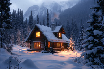 Fototapeta premium Cozy Rustic Cabin in Snowy Mountains