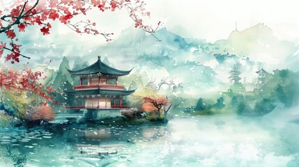 Obraz premium Watercolor illustration of a Japanese landscape, with a temple in a garden artistic modern and simple background