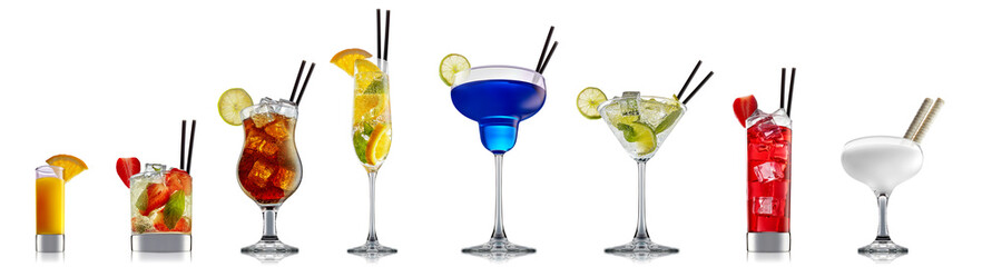 Set of cocktails with decoration from fruits isolated on white background