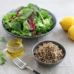 グリーンサラダと茹でたキヌア　炊いたキヌア