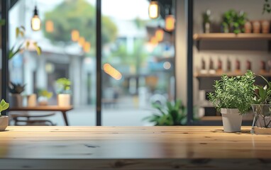 Storefront display with natural light, blurred background, bottom right web banner, copyspace