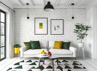 Photo of a minimalist living room with white walls, black and green decor, a brick wall, a coffee table on a geometric rug, a couch, a fruit bowl, framed art, a pendant light